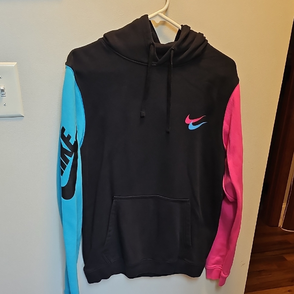 Nike Hoodie with Black, Blue, and Pink Accents